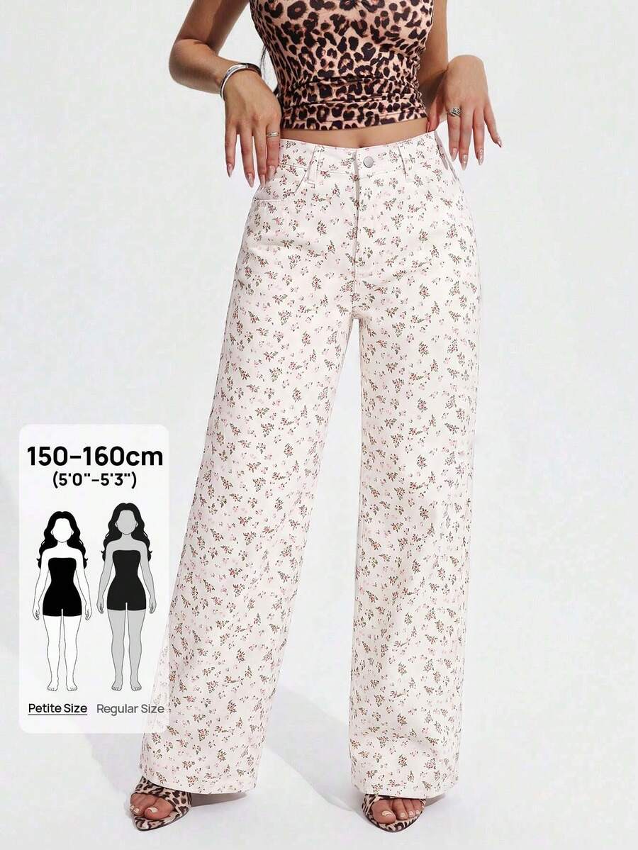 SHEIN PETITE 女款碎花口袋牛仔褲,小碼女款 - 白色 - 查看 1