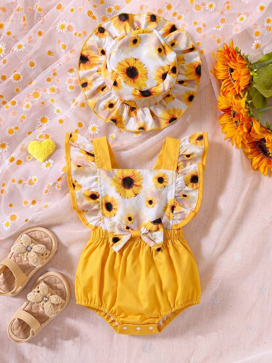 SHEIN Baby Girl Sunflower Print Ruffle Trim Bodysuit - Multicolor - View 1