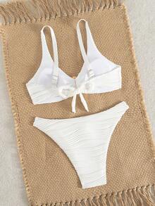 Swim Chiccia Plain All White Textured Bikini Set, Adjustable Strap, Metal Decor, Removable Padded Cup - White - View 2