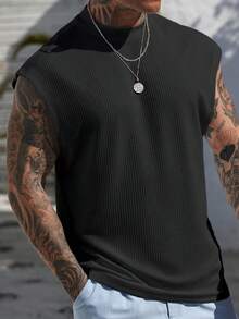 Manfinity Homme 男士舒适针织条纹圆领背心，适合休闲、办公、商务、约会、休闲、派对、聚会等场合，可单穿或搭配休闲服饰，是送给朋友的绝佳礼物。男士白色背心，男士上衣，无袖，宽松袖口，大码背心，男士网眼上衣，男士无袖T恤，假日款 - 黑色 - 查看 4
