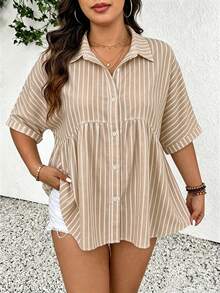 Lounesse Plus Size Women Striped Short Sleeve Single-Breasted Ruffle Hem Blouse - Multicolor - View 3