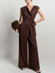 Aalyst Women's Coffee Brown Summer Elegant Brunch Party V-Neck Cinched Waist Bowknot Zipper Side Pocket Crossed Neckline Wide Leg Pants, Textured Fabric - Coffee Brown - View 2