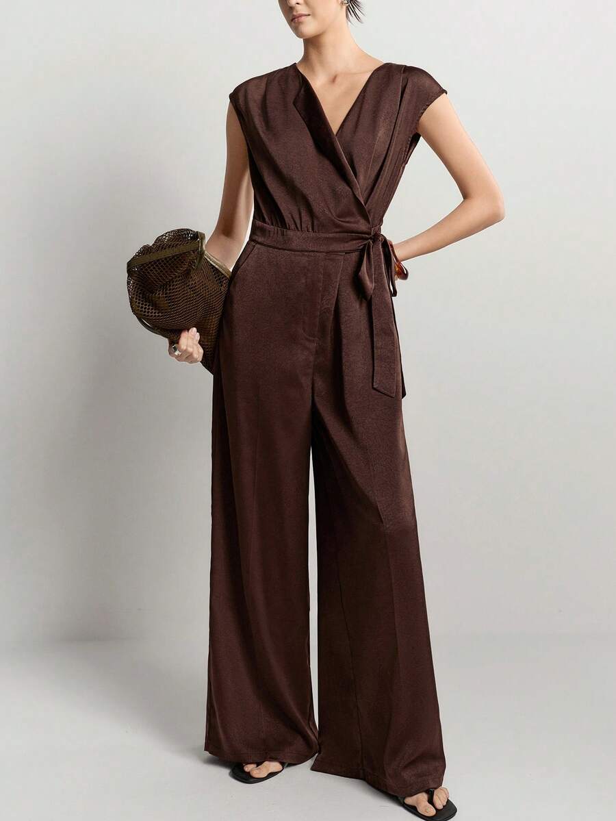 Aalyst Women's Coffee Brown Summer Elegant Brunch Party V-Neck Cinched Waist Bowknot Zipper Side Pocket Crossed Neckline Wide Leg Pants, Textured Fabric