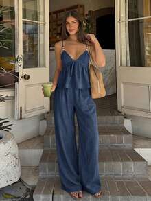 Siren Gaze Women's Solid Color Beaded Decor Camisole & Casual Pants 2 Pieces Set - Navy Blue - View 8