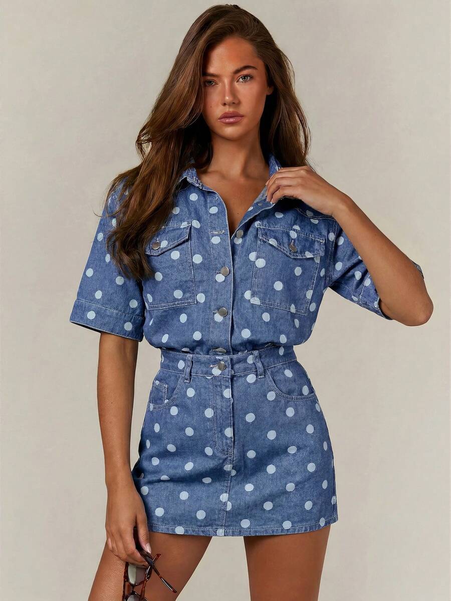 Athîral Denim 女士时尚波点印花迷你牛仔连衣裙 - 淺藍色 - 查看 1