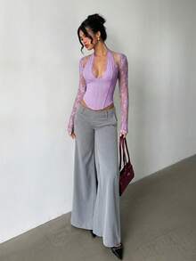Aloruh 女款新款浪漫蕾絲優雅迷人性感蕾絲拼接鏤空長袖緊身上衣，適合約會、夜店、派對 - 紫丁香色 - 查看 7