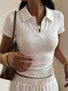DAZY Women Textured Short Sleeve Slim Fit Polo Neck T-Shirt - White - View 2