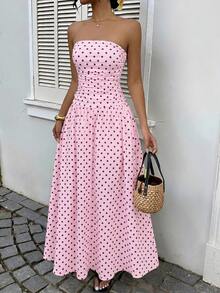 GalTyme Plus Size Women Polka Dot Ruched Bandeau Casual Party Dress - Pink - View 3
