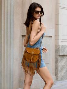 Viva Strut Ladies, Women Crossbody Bags, Tassels, Tassel Bag, Suede, Suede Bag, Fashionable, Personalized, Simple, Versatile, Street, Sweet And Cool Girls, Hot Girls,Y2k, Retro, Rivets, Vintage, Bohemian Style, For Daily, Beach, Vacation, Holiday, Summer, Seaside, Beach Party, Music Festival - Brown - View 2