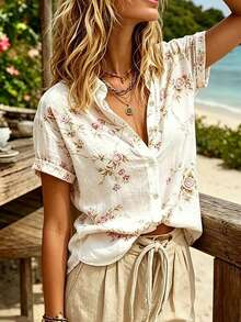 SHEIN Holidaya Women's New Summer Floral Print Collared Short Sleeve Shirt, Retro Chic, French Elegant Versatile For Commute And Vacation - Beige - View 5