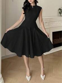 Feyla Women's Solid Color Notched Neck Elegant Short Dress, Spring/Summer Office Black - Black - View 3