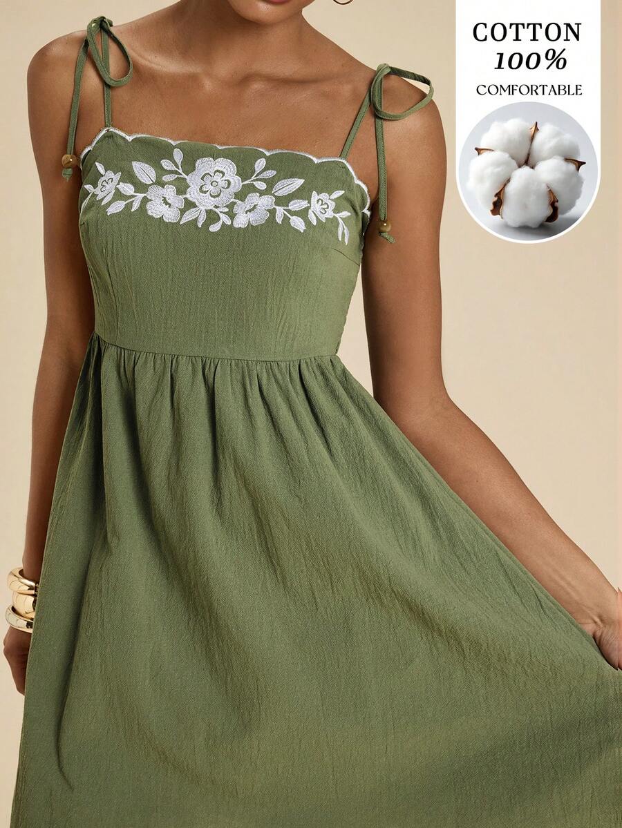 Travachic Green Floral Floral Woven Spaghetti Strap Women's Mini Dress, Suitable For Summer Vacation Garden Party Vacation Picnic Cottagecore Boho - Army Green - View 1