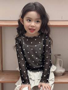 Dazy Kids 女童波点印花荷叶边长袖薄纱T恤，可爱法式风格 - 黑色 - 查看 5