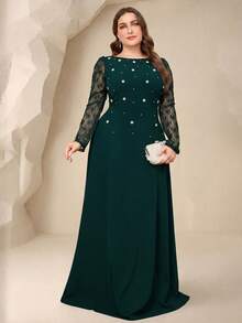 Coutiva Plus Size Elegant Dark Green Bubble Bead Contrast Lace A-Line Dress Formal Party Wedding Spring - Dark Green - View 3