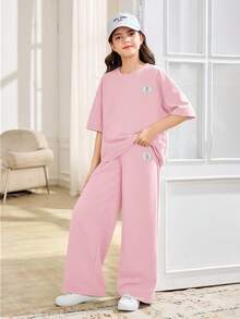 SHEIN 2pcs/Set Tween Girls Casual Loose Comfortable Round Neck Short Sleeve T-Shirt And Pants Set - Pink - View 5