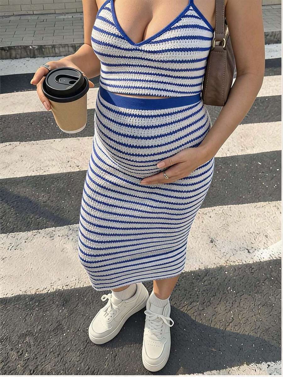 SHEIN 孕妇条纹吊带背心和可调节腰围中长裙休闲两件套 - 藍色 - 查看 1