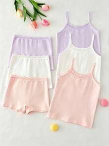 Bộ 6 món đồ lót cơ bản ngọt ngào tối giản cho bé gái, gồm áo hai dây và quần lót viền ren nhiều màu sắc. - Nhiều màu - Xem 6