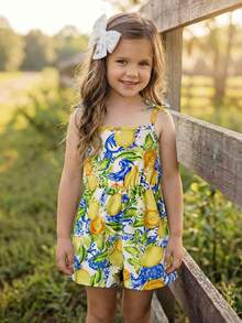SHEIN Jumpsuit Kasual Motif Lemon Tenun untuk Anak Perempuan - Kuning - View 3