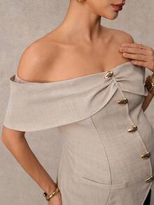 MaterniChic A Maternity Blouse With Metal Button Embellishments, A Slit Hem, And Off-The-Shoulder Design, In Apricot Color, Perfect For An Elegant Summer Look. - Khaki - View 8