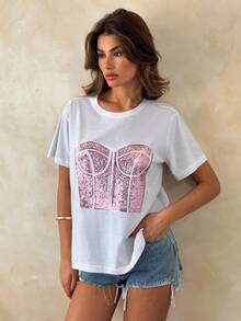 EURMUSE Damen Premium Weiß Baumwolle T-Shirt mit glitzerndem rosa Pailletten Bustier Detail, strukturierter Korsage-Stil Näharbeit und täglich glamouröse Oversized Silhouette, limitierte Kollektion - Weiss - Übersicht 4