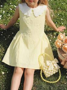 Souflis Souflis Young Girl Elegant Colorblock Jacquard Sleeveless Dress, Summer - Yellow - View 2
