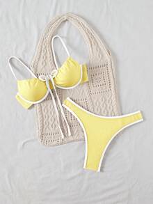 SHEIN 女款對比色紋理綁帶坦基尼泳衣套裝 - 彩色 - 查看 5