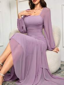 Feyla Women's Solid Color Mesh Splicing Pleated Casual Elegant Long Dress Dinner Mauve Purple Autumn - Lilac Purple - View 5