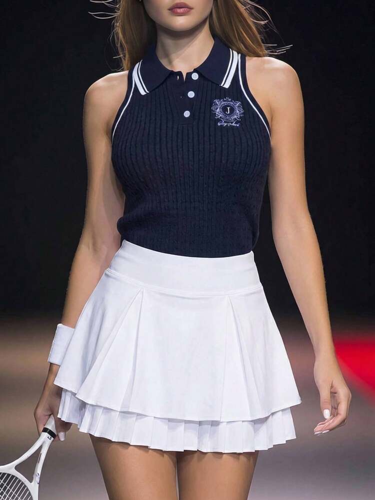 Embroidered Pattern Polo Shirt, Sleeveless Contrast Striped Casual Sports Vacation Summer Lightweight Knit Top For Women