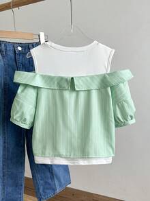 Elladie kids 少女夏季休闲度假通勤条纹印花露肩上衣 - 綠色 - 查看 5