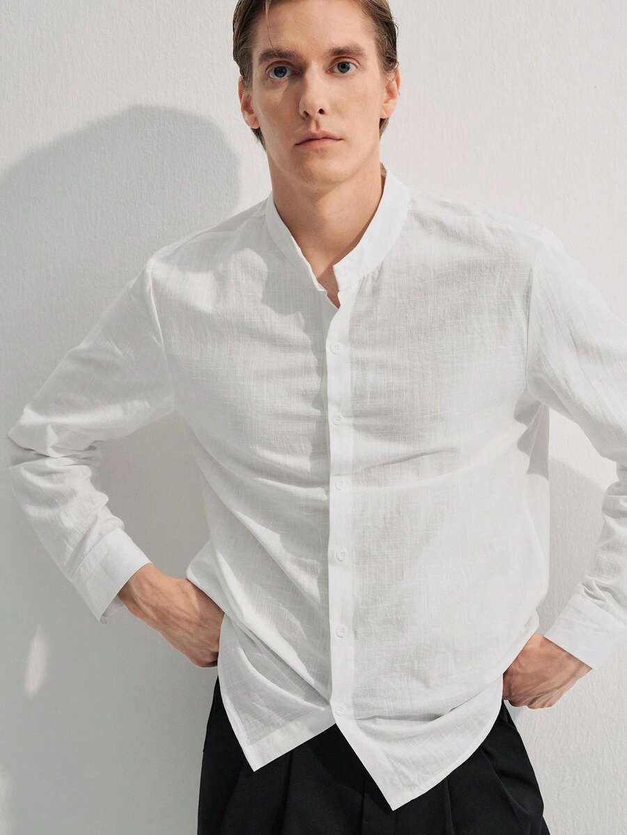 Formmaro 男士休闲纯色长袖衬衫男士白色亚麻衬衫男士白色休闲衬衫男士纹理衬衫纯棉男士衬衫，男士白衬衫，男士夏季，秋季，老钱风格 - 白色 - 查看 1