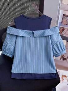 Tween Girl Navy Blue Print Round Neck 2 In 1 Short Sleeve Shirt Back-To-School School Summer Cute - Royal Blue - View 2