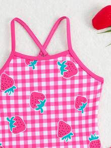 SHEIN Young Girl Strawberry & Plaid Print Spaghetti Strap One-Piece Swimsuit With Solid Color Mini Skirt Set - Hot Pink - View 3