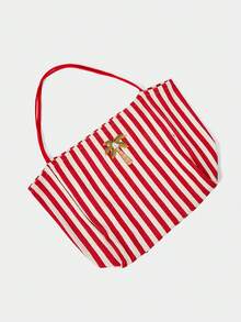 SHECARRY Women's Fashion Red And White Striped Contrasting Canvas Tote Bag, Island-Style Palm Tree Embroidered Shoulder Bag, Casual Light And Large-Capacity Beach Bag, Suitable For Summer Vacation And Daily Shopping - Red - View 5