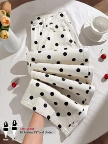 SHEIN Tall CURVE Quần jeans ống rộng cạp cao họa tiết chấm bi cho nữ CURVE dáng cao size lớn, phong cách đường phố thường ngày mùa hè - Đen và trắng - Xem 1