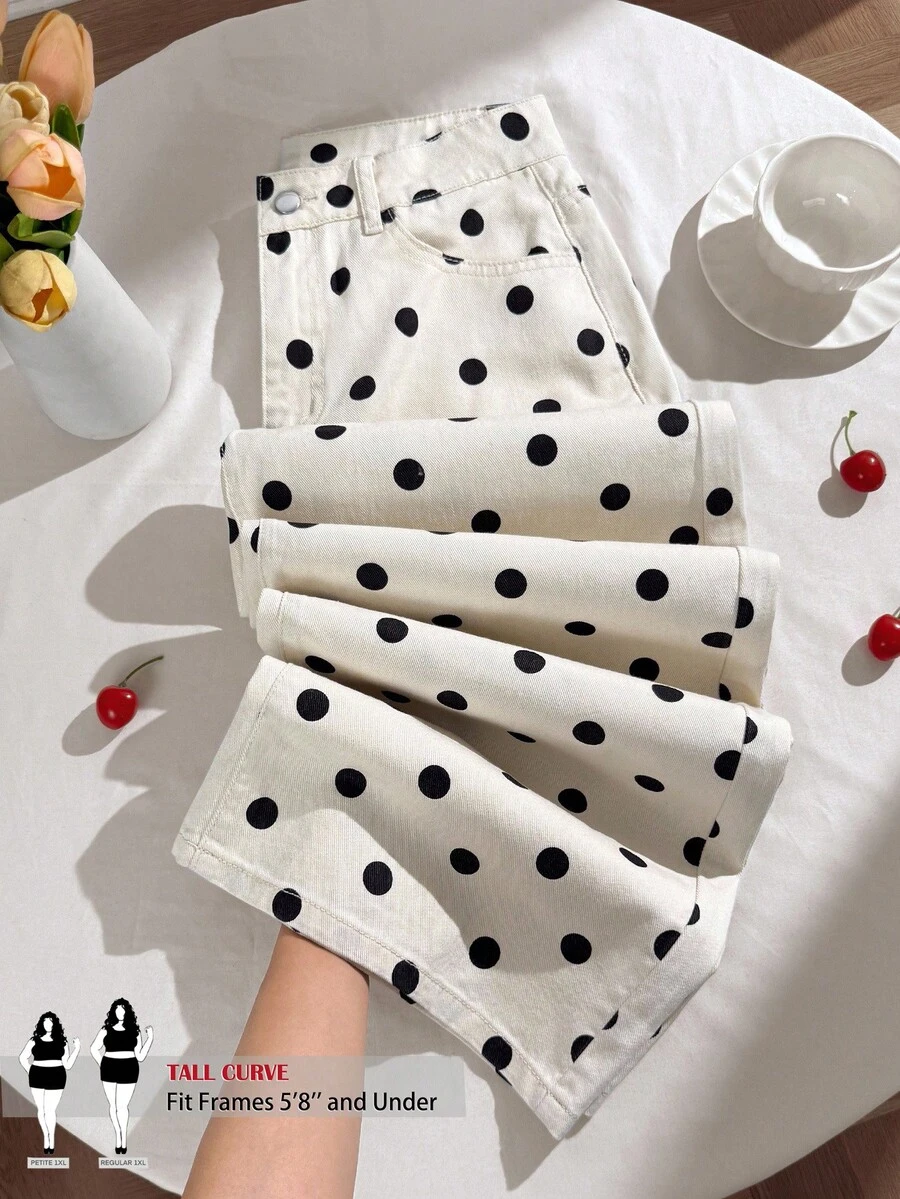 SHEIN Tall CURVE Quần jeans ống rộng cạp cao họa tiết chấm bi cho nữ CURVE dáng cao size lớn, phong cách đường phố thường ngày mùa hè - Đen và trắng - Xem 1