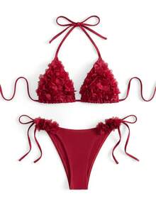 Sweetra 2pcs/Set Solid Color Elegant Halter Spaghetti Strap Floral Decor Casual Vacation Style Women Swimwear For Summer - Burgundy - View 1