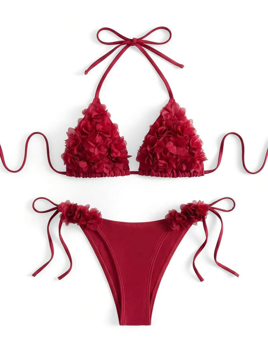 Sweetra 2pcs/Set Solid Color Elegant Halter Spaghetti Strap Floral Decor Casual Vacation Style Women Swimwear For Summer - Burgundy - View 1
