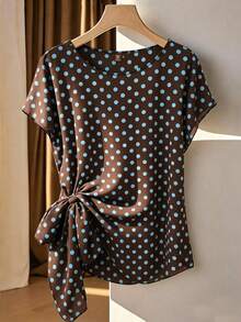 Franclia Plus Size Heart Tie Bow Chiffon Blouse, Spring/Summer Office 1950s Vintage - Brown - View 1