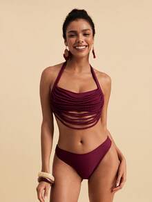 Travachic Conjunto de bikini sexy de verano para playa con cuello halter y lazo para mujer - Rojo - Ver 4