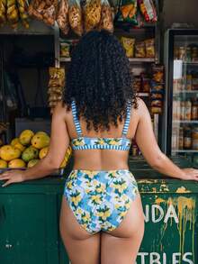 Swim Vcay Conjunto de bikini de tiras de espagueti con estampado de limón para mujer de talla, traje de baño elegante para la playa - Multicolor - Ver 2