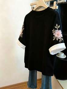 Resyla 复古彩色条纹女式短袖T恤，夏季休闲圆领上衣 - 彩色 - 查看 2