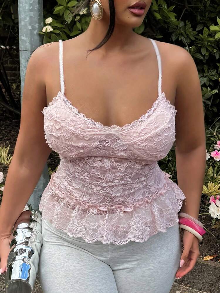 Dazy Plus Plus Size Women Sheer Lace Camisole Crop Top, Sexy & Alluring, Spring/Summer