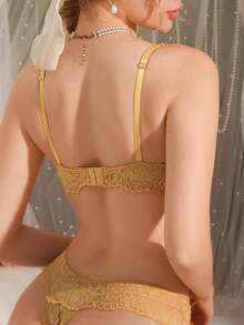 SHEIN Lace Sheer Ruffle Sexy Lingerie Set (2pcs Bra Set With Underwire) - Yellow - View 2