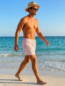 Manfinity Swimmode 男士夏季度假全身印花抽繩腰透氣沙灘短褲 男士度假沙灘裝 男士泳褲 粉紅色，假期 - 粉色 - 查看 4
