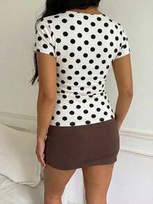 CovetEZ Casual Minimalist Sexy Off-Shoulder Black Polka Dot Short Sleeve T-Shirt, Suitable For Spring/Summer, Cream Striped Design Makes You Look More Radiant - Multicolor - View 2