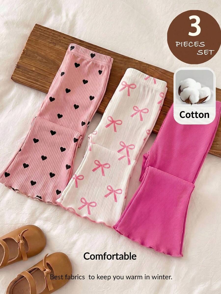 LMoss Kids 3pcs Baby Girl Knitted Solid Color Heart Pattern Integrated Flare Pants Set - Multicolor - View 1