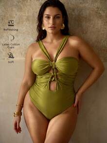 MOTF PREMIUM PLUS SIZE PEARLESCENT SHINY BLINGBLING FABRIC FRONT & MIDDLE HANDWOVEN DETAILS ELEGANT ONE-PIECE SWIMSUIT FOR VACATION - Green - View 1