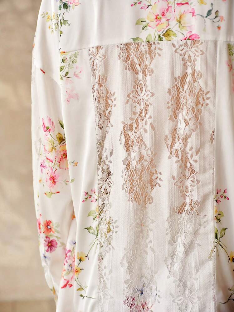 WOMEN'S CONTRAST LACE FLORAL PRINT ROBE