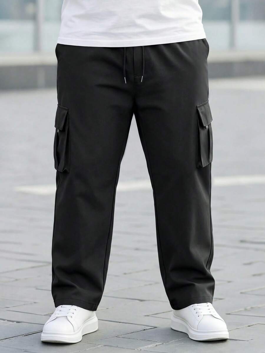 Manfinity Homme Pantalones cargo de talla grande para hombre, de unicolor, con cordón en la cintura, para otoño - Negro - Ver 1