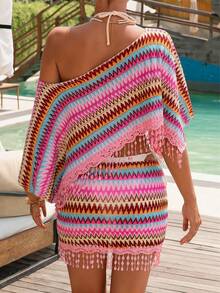 Bonvoyette Women's Textured Fabric Summer New Tassel Hem Design Cover-Up Top, Sexy Elegant Lady Beach Party Holiday Vacation Style Cover Up - Multicolor - View 2